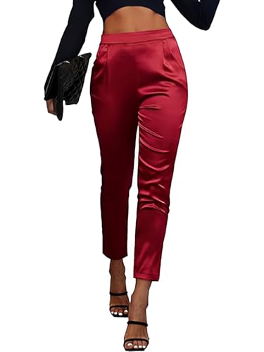 iSpchen Damen Büro Stil Satin Hose Hohe Taille Satin Anzughose Basic Skinny Fit Voll Länge für professionelle Kleidung von iSpchen