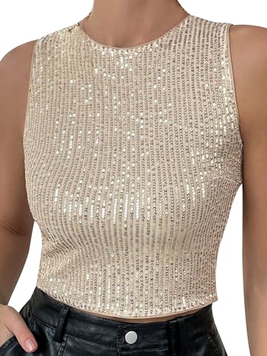 iSpchen Damen Crop Top Perlen Pailletten Stoff Bandeau Top Ärmellos Frühling 2024 Street Style,Gold,S von iSpchen