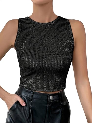 iSpchen Damen Crop Top Perlen Pailletten Stoff Bandeau Top Ärmellos Frühling 2024 Street Style,Schwarz,M von iSpchen