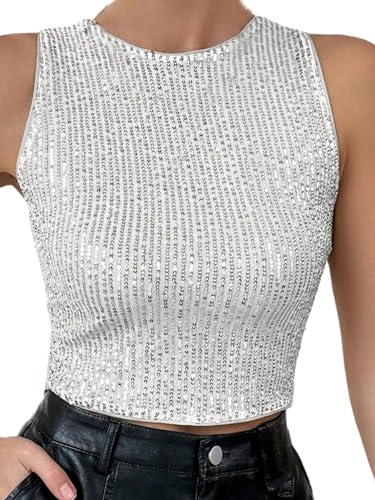 iSpchen Damen Crop Top Perlen Pailletten Stoff Bandeau Top Ärmellos Frühling 2024 Street Style,Weiß,S von iSpchen