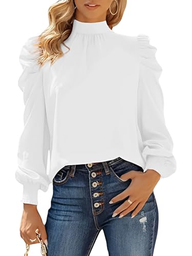 iSpchen Damen Einfarbig Langarmshirt Elegant Langarm Oberteile Chiffon Hemd Tshirts Stehkragen Rüschensaum Casual Bluse Basic Tops Schleife hinten tailliert Tops,Weiß,M von iSpchen