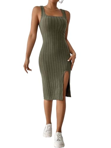 iSpchen Damen Halfterkleid Solide Farbe Elegante Robe Frühling 2024 Pit Streifen Lässige Eleganz,Armeegrün,XL von iSpchen