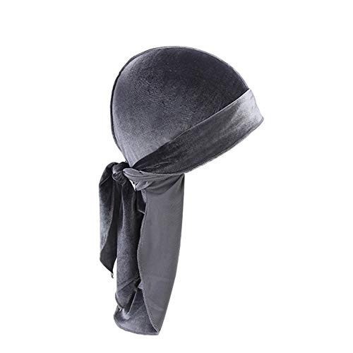 iSpchen Damen Herren Durag Piratenkappe Samt Long Tailed Turban Hut Chemo Cap Retro Kopftuch Unisex Stirnband Grau von iSpchen