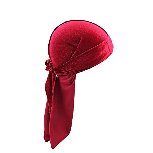 iSpchen Damen Herren Durag Piratenkappe Samt Long Tailed Turban Hut Chemo Cap Retro Kopftuch Unisex Stirnband Weinrot von iSpchen