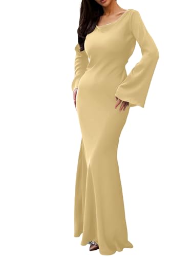 iSpchen Damen Kleid Farbe Herbst Robe Langarm Hohe Taille Pullover Rundhals -Step für schicken Stil,Gelb,L von iSpchen