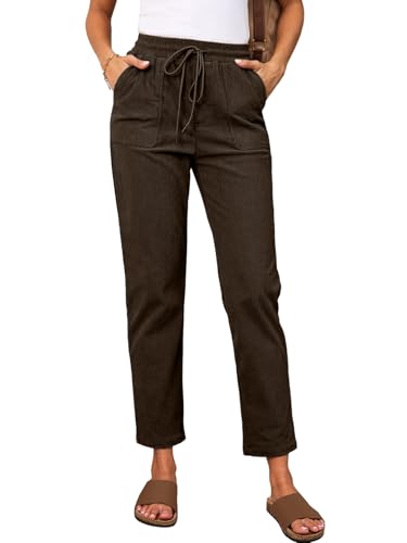 iSpchen Damen Lounge-Hose Leichte Freizeithose Elegant Bequem Hose mit Tunnelzug und Taschen Hohe Taille Dehnbar Einfarbig Lose Gerade Freizeithose Cordhose,Dunkelbraun,L von iSpchen