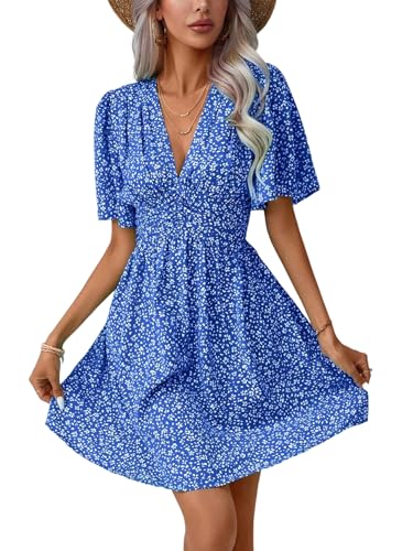 iSpchen Damen Midi Kleid Bedrucktes Sommerkleid Hoher Taille, Faltenrock, V-Ausschnitt Und Regulären Ärmeln,Blau,L von iSpchen