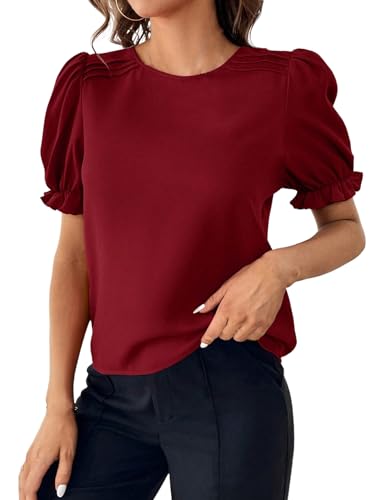 iSpchen Damen Oberteil TikTok Inspiriert Reines Farbe T-Shirt Rundhalsausschnitt Sommer Hemd Street Mode,Rotwein,XL von iSpchen
