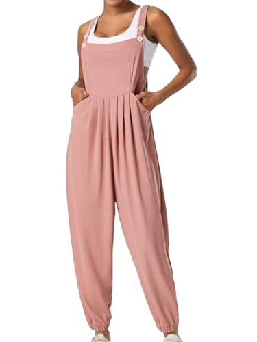 iSpchen Damen Overall Lockerer Waffelgrid-Overall mit Knopftaschen für Frühling 2024,Rosa,S von iSpchen