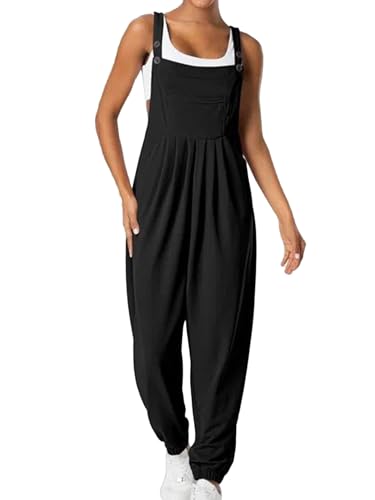 iSpchen Damen Overall Lockerer Waffelgrid-Overall mit Knopftaschen für Frühling 2024,Schwarz,M von iSpchen