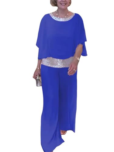 iSpchen Damen Paillettenanzug 2024 Glitzer Rundhalsausschnitt Helle Pailletten Weite Hosenanzug Pendlerhose in voller Länge,Blau,XXL von iSpchen