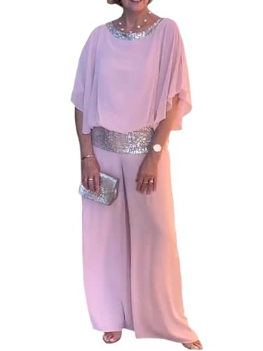 iSpchen Damen Paillettenanzug 2024 Glitzer Rundhalsausschnitt Helle Pailletten Weite Hosenanzug Pendlerhose in voller Länge,Rosa,XL von iSpchen