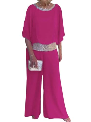 iSpchen Damen Paillettenanzug 2024 Glitzer Rundhalsausschnitt Helle Pailletten Weite Hosenanzug Pendlerhose in voller Länge,Rose Rot,3XL von iSpchen