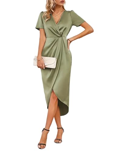 iSpchen Damen Pullover Satin Kleid | Kurzarm Sommerkleid Überkreuztem Ausschnitt | Asymmetrischer Saum für einen gehobenen Sommerstil von iSpchen
