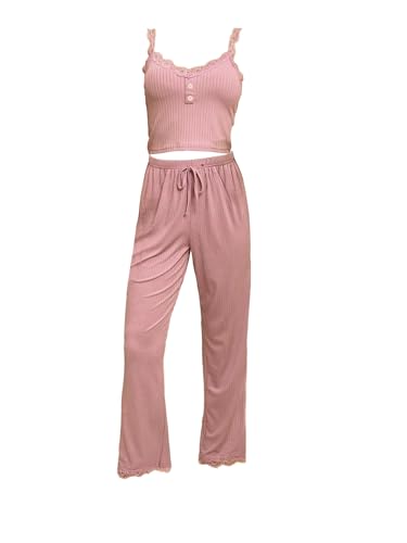 iSpchen Damen Pyjama Set Cami Schlafanzug Spaghettiträger Bauchfrei Tops Camisole Lang Hose Hauseanzug Kombi 2-Teiler Home Set,Rosa XL von iSpchen