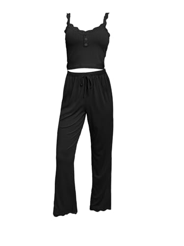iSpchen Damen Pyjama Set Cami Schlafanzug Spaghettiträger Bauchfrei Tops Camisole Lang Hose Hauseanzug Kombi 2-Teiler Home Set,Schwarz M von iSpchen