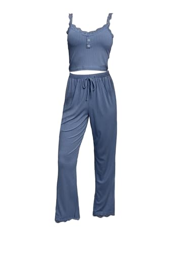 iSpchen Damen Pyjama Set Cami Schlafanzug Spaghettiträger Bauchfrei Tops Camisole Lang Hose Hauseanzug Kombi 2-Teiler Home Set,violett L von iSpchen