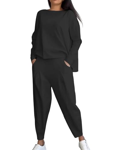 iSpchen Damen Pyjama Set Rundhalsausschnitt langärmliges Oberteile und Hosen lässiger Trainingsanzug mit Taschen für Heimkleidung Flitterwochen und Reisen,Schwarz,M von iSpchen