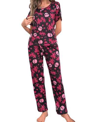 iSpchen Damen Pyjama Set Schlafanzug Nachtwäsche Rundhalsausschnitt Loungewear Halloween lässige Heimkleidung Totenkopf Blumenmuster Sleepwear Pjs Sets für Zuhause und Reisen,schwarz rot,M von iSpchen