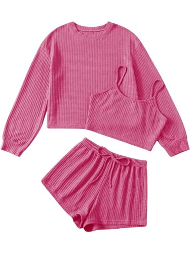 iSpchen Damen Schlaf-Set aus reifer gestrickter Schlafanzug-Set langärmligem Oberteil und Shorts in elegantem Schwarz,Rosa,S von iSpchen