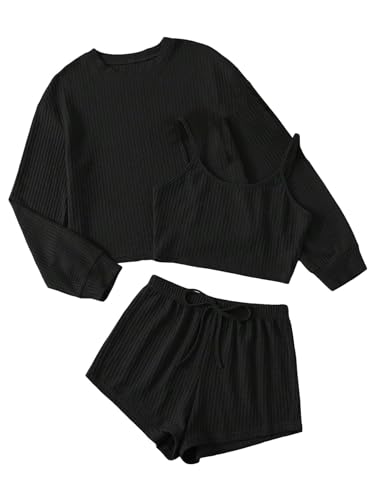 iSpchen Damen Schlaf-Set aus reifer gestrickter Schlafanzug-Set langärmligem Oberteil und Shorts in elegantem Schwarz,Schwarz,S von iSpchen
