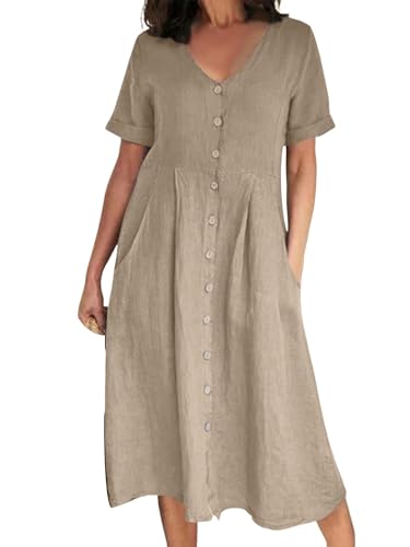 iSpchen Damen Sommerkleid 2024 Farbiges Kleid hoher Taille Lockerer Baumwoll-Leinen-Midi V-Ausschnitt für lässigen Stil von iSpchen