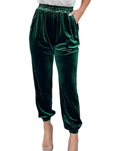 iSpchen Damen Velours Jogginghose High Waist Sporthose elastischer Bund Samthose einfarbige Sweathose mit Taschen Casual Traininghose Leichte Freizeithose,Grün,XXL von iSpchen