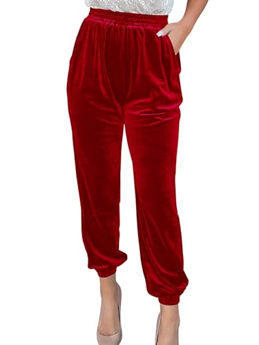 iSpchen Damen Velours Jogginghose High Waist Sporthose elastischer Bund Samthose einfarbige Sweathose mit Taschen Casual Traininghose Leichte Freizeithose,Rot,M von iSpchen