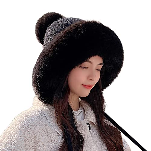 iSpchen Damen Wintermütze warme Plüschmütze Kunstpelzmütze mit Bommel Kunstpelz Wolle Bommelmütze Damen Beanie Mützen Winter Strickmütze Frauen Mädchen Wollmütze Hüte von iSpchen