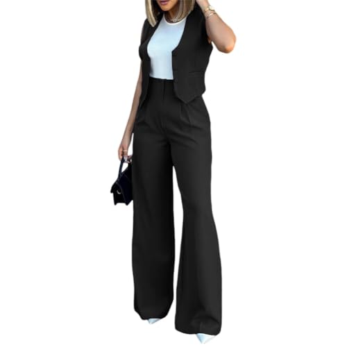 iSpchen Damenbekleidungsset, ärmelloses Anzugset, lässiger Büro-Stil Weitbeinige Hose,Schwarz,XL iSpchen Damenbekleidungsset, ärmelloses Anzugset, lässiger Büro-Stil Weitbeinige Hose,Schwarz,XL von iSpchen