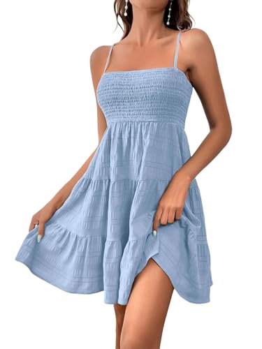 iSpchen Damenkleid EIN-Schulter Feine Träger Sommer 2024 Kleid Einfarbig Hohe Taille Streetwear,hellblau,M von iSpchen