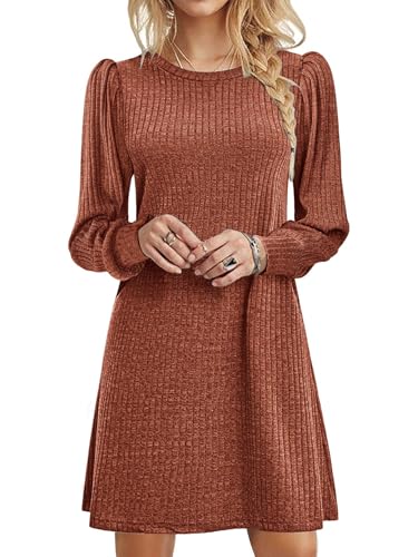 iSpchen Damenkleid Strickkleid Langarm Einfarbige Rundkragen Minikleid Elegant Pulloverkleid Puffärmeln Lässiges Strickkleid mit Taschen,braun,S von iSpchen