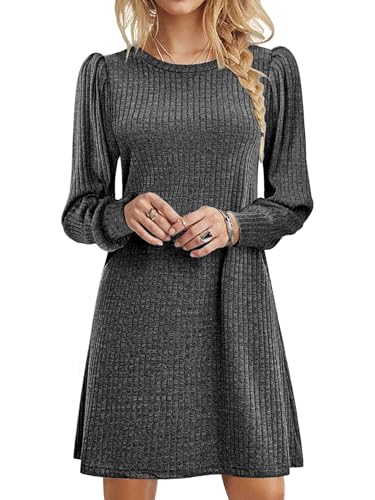 iSpchen Damenkleid Strickkleid Langarm Einfarbige Rundkragen Minikleid Elegant Pulloverkleid Puffärmeln Lässiges Strickkleid mit Taschen,dunkelgrau,S von iSpchen