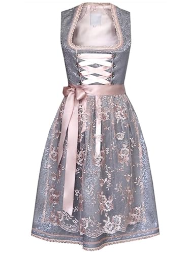 iSpchen Dirndl Trachtenkleid Dirndl Trachtenrock Kleid Dirndl Traditionelles Oktoberfestkleid mit Spitze und Stickerei für Damen,Silber,S von iSpchen