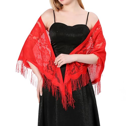 iSpchen Dreieck Spitze Stola Damen Spitze Stola Weiche Schals und Tücher Umhang Spitzenschal Umhang Schal Festlich für Damen Hochzeit Braut Brautjungfer Party Schals,Groß Rot von iSpchen