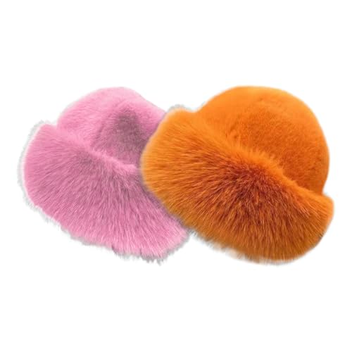 iSpchen Fischerhut Damen Winter Flauschige Bucket Hat Warme Anglerhut Wintermütze Winter Warm Plüsch Eimer Hut Kunstpelz Fellmütze,Hellrosa+orange von iSpchen