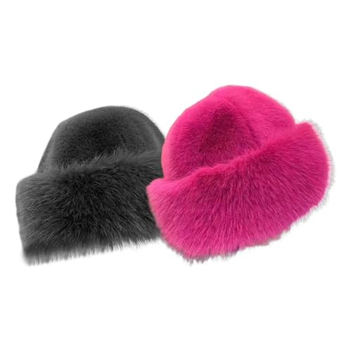 iSpchen Fischerhut Damen Winter Flauschige Bucket Hat Warme Anglerhut Wintermütze Winter Warm Plüsch Eimer Hut Kunstpelz Fellmütze,rosarot+dunkelgrau von iSpchen