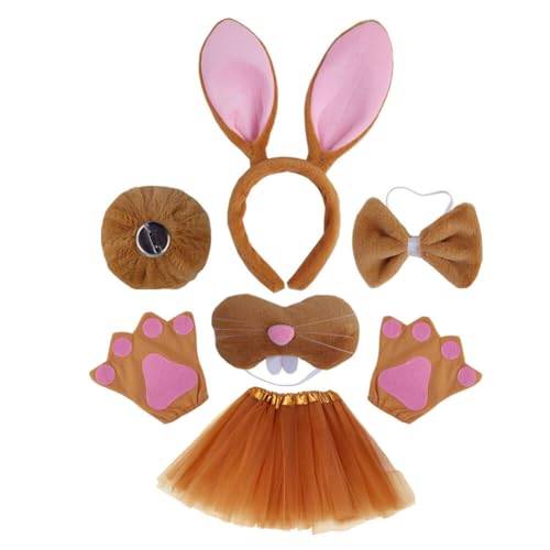 iSpchen Hasenohr Ohren Stirnband Hasennase Schwanz Set Haarreifen Fliege Handschuhe und Garnrock Tier Kostümzubehör Set für Kinder Karneval Party Kostüm Partyzubehör,braun von iSpchen