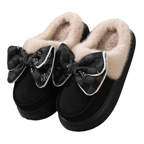 iSpchen Hauspantoffeln Weicher Plüsch Retro Hausschuhe Flauschig Pantoffeln Warm Bequeme Slippers Niedliche Schleife gemütlicher weicher Plüsch Hausschuhe,Schwarz,#40 von iSpchen
