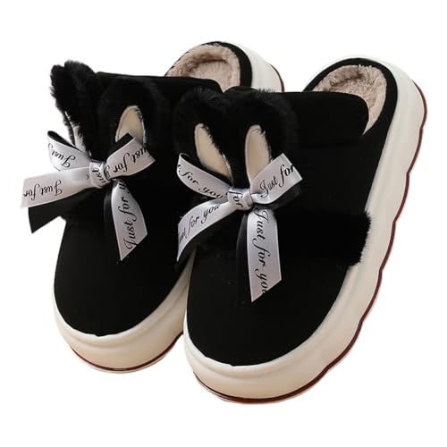 iSpchen Hauspantoffeln Weicher Plüsch Retro Hausschuhe Flauschig Pantoffeln Warm Bequeme Slippers Niedliche Schleife gemütlicher weicher Plüsch Hausschuhe,weiß schwarz,#38 von iSpchen