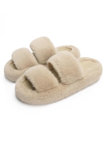 iSpchen Hausschuhe Damen Offene Zehenpartie Flauschige Hausschuhe Bequeme Warme Pantoffeln Slippers Winter Soft Plüsch Haus Hauspantoffeln Memory-Schaum Pantoffeln,khaki,#40 von iSpchen