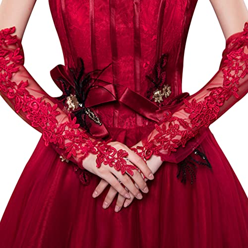 iSpchen Hochzeitshandschuhe Damen Lange Brauthandschuhe Hochzeit Handschuhe Spitzenhandschuhe Elegante Blumen Spitzen Netzhandschuhe für Party,Hochzeit,Verlobung,Abschlussball,Rotwein von iSpchen