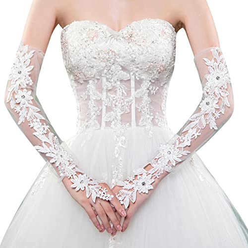 iSpchen Hochzeitshandschuhe Damen Lange Brauthandschuhe Hochzeit Handschuhe Spitzenhandschuhe Elegante Blumen Spitzen Netzhandschuhe für Party,Hochzeit,Verlobung,Abschlussball,Weiß von iSpchen