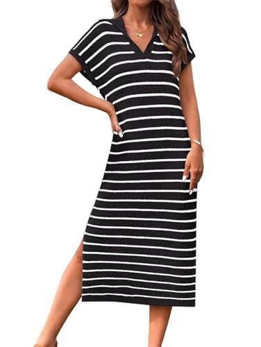 iSpchen Kleid V-Ausschnitt Sommerkleid langes Strickkleid kurzärmlig Kleider mit geschlitztem Saum,Schwarz,M von iSpchen