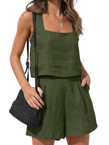 iSpchen Leinen passende Sets 2-teiliges Zweiteiler FreizeitTops Camisole Ärmellos Sommer Zweiteiler Damen Tank Top Und Shorts Kurz Business Arbeit Streetwear,Armeegrün M von iSpchen