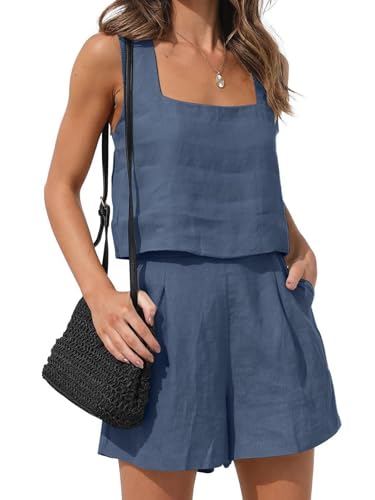 iSpchen Leinen passende Sets 2-teiliges Zweiteiler FreizeitTops Camisole Ärmellos Sommer Zweiteiler Damen Tank Top Und Shorts Kurz Business Arbeit Streetwear,Königsblau XXL von iSpchen