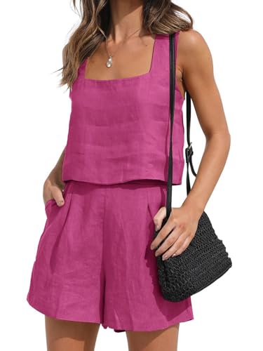 iSpchen Leinen passende Sets 2-teiliges Zweiteiler FreizeitTops Camisole Ärmellos Sommer Zweiteiler Damen Tank Top Und Shorts Kurz Business Arbeit Streetwear,Rose Rot M von iSpchen