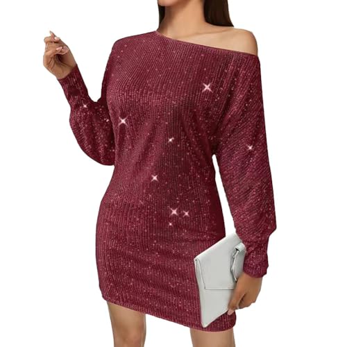 iSpchen Paillettenkleid Damen Langärmeliges Pailletten Bleistiftkleid Eine Schulter Cocktailkleid Elegant Festlich Party Bodycon Kleid Abendkleider Partykleid,Rot,XL von iSpchen