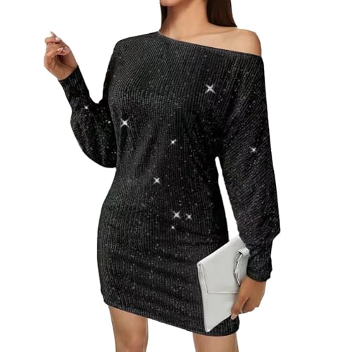 iSpchen Paillettenkleid Damen Langärmeliges Pailletten Bleistiftkleid Eine Schulter Cocktailkleid Elegant Festlich Party Bodycon Kleid Abendkleider Partykleid,Schwarz,XL von iSpchen