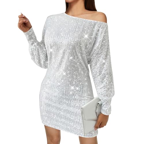 iSpchen Paillettenkleid Damen Langärmeliges Pailletten Bleistiftkleid Eine Schulter Cocktailkleid Elegant Festlich Party Bodycon Kleid Abendkleider Partykleid,Weiß,S von iSpchen
